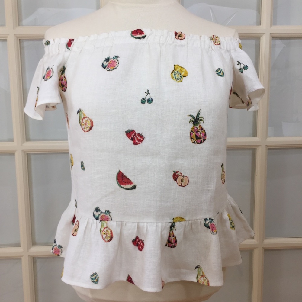 Zara Basic 100% Linen Fruit Print Off The Shoulder Top S - Picture 6 of 8